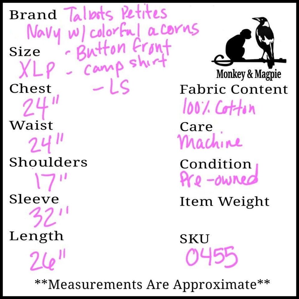 Talbots Petites Women's  Button Front Camp Shirt Navy With Colorful Acorns XLp - Picture 9 of 9